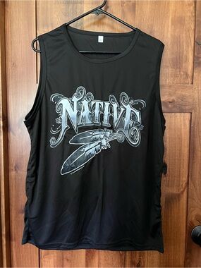 Native Black Graphic Tank Top with Feather Motif
